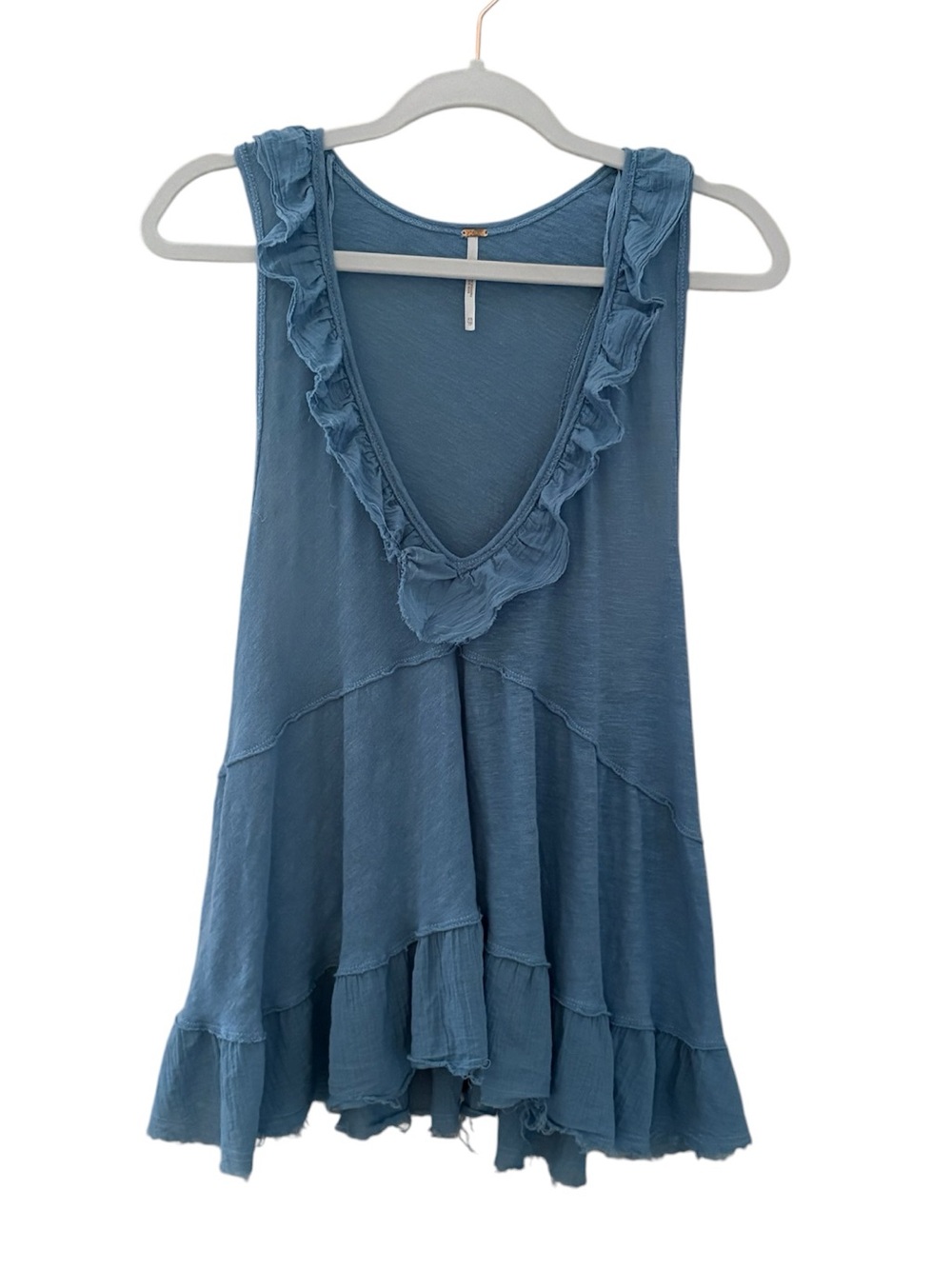Free People Blue Ruffled Sleeveless V-Neck Swing Tank